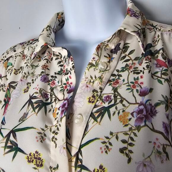 Bird Butterfly Floral Button Down Blouse 2 Long Sleeve Cottagecore Garden Top - Picture 2 of 10